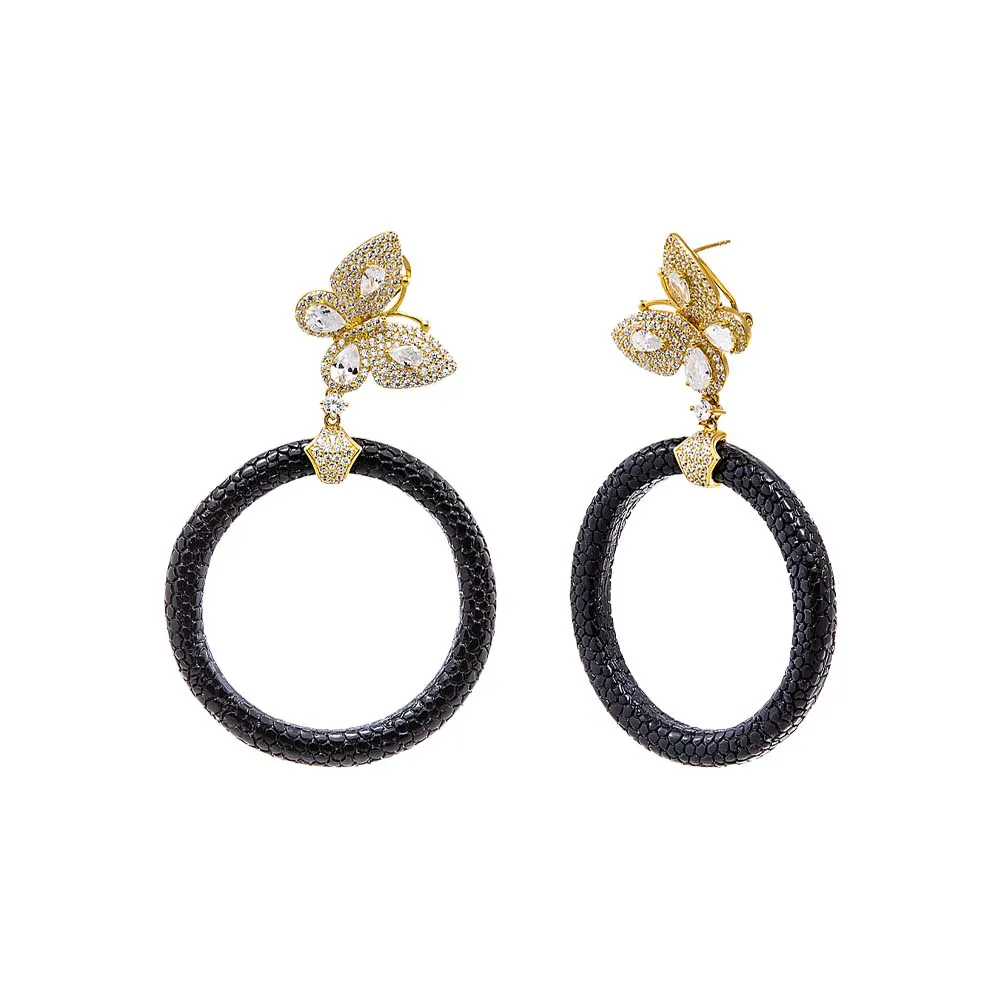Pave Butterfly Drop Open Circle Drop Earring sold by Adina Eden's