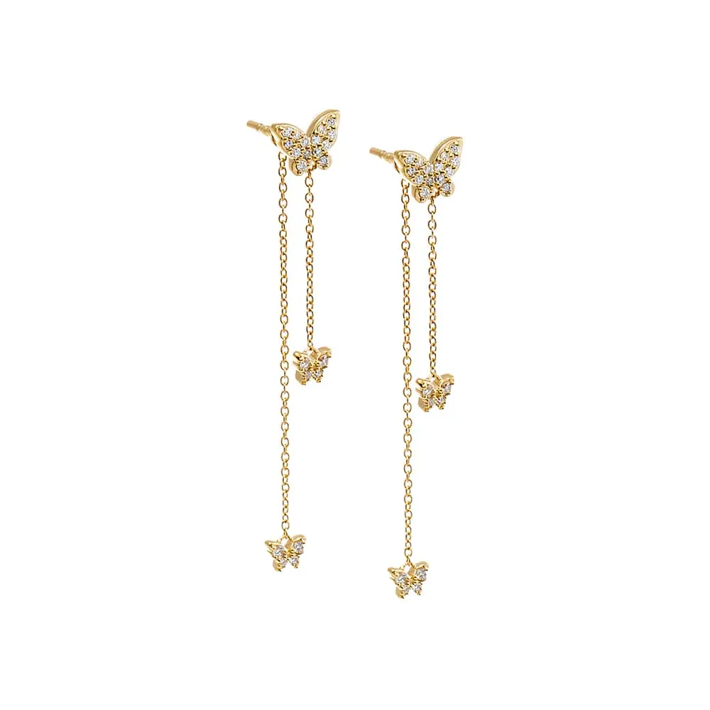 Diamond Pave Butterfly Chain Drop Stud Earring 14K sold by Adina Eden's