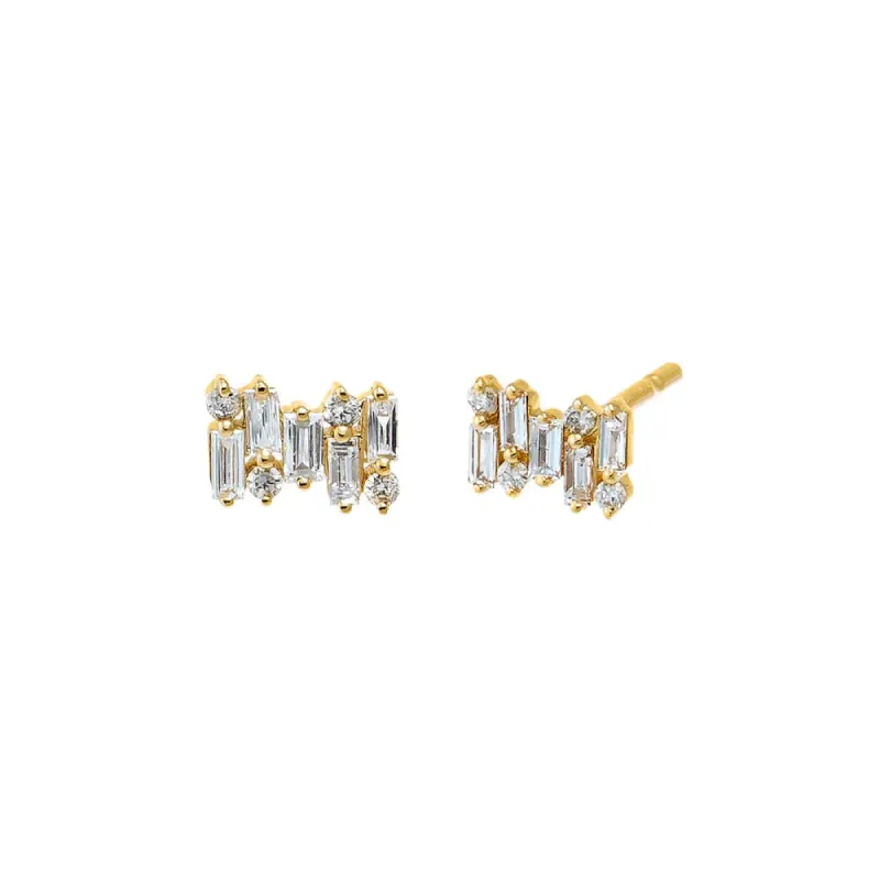 Diamond Round X Baguette Scattered Stud Earring 14K sold by Adina Eden's