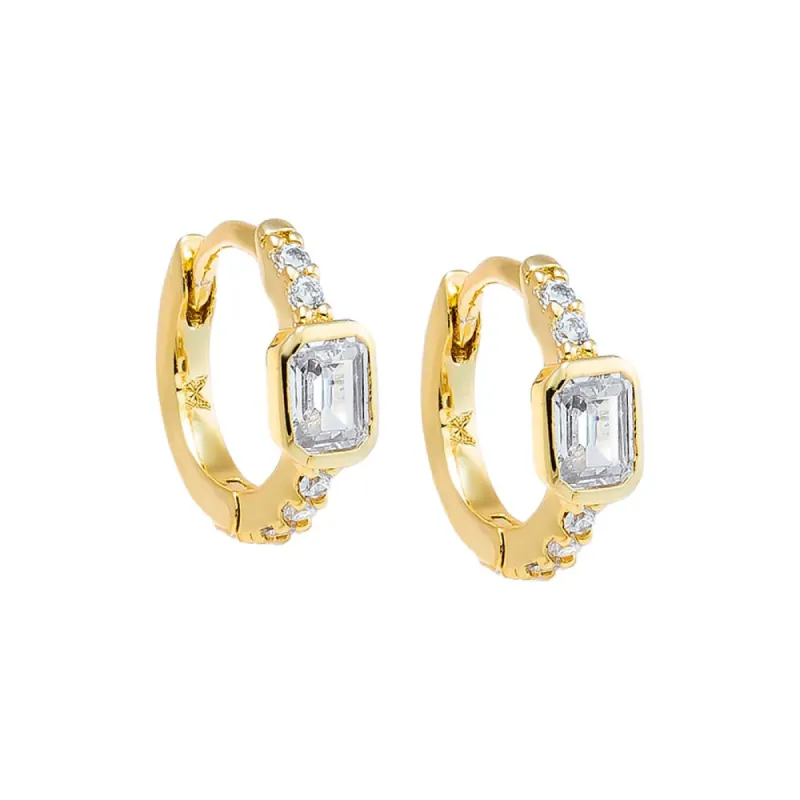 Pave X Bezel Baguette Huggie Earring sold by Adina Eden's