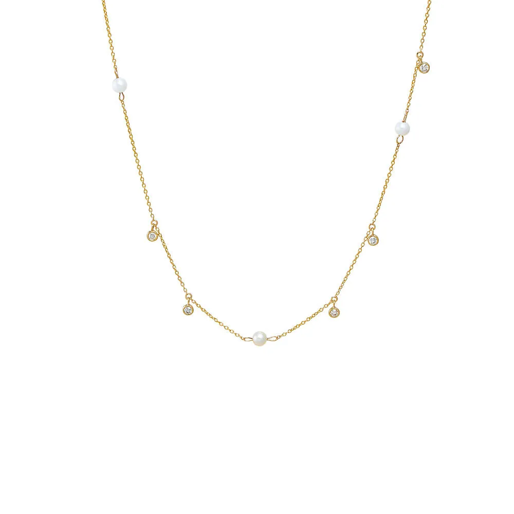 Diamond Dainty X Pearl Dangling Necklace 14K sold by Adina Eden's