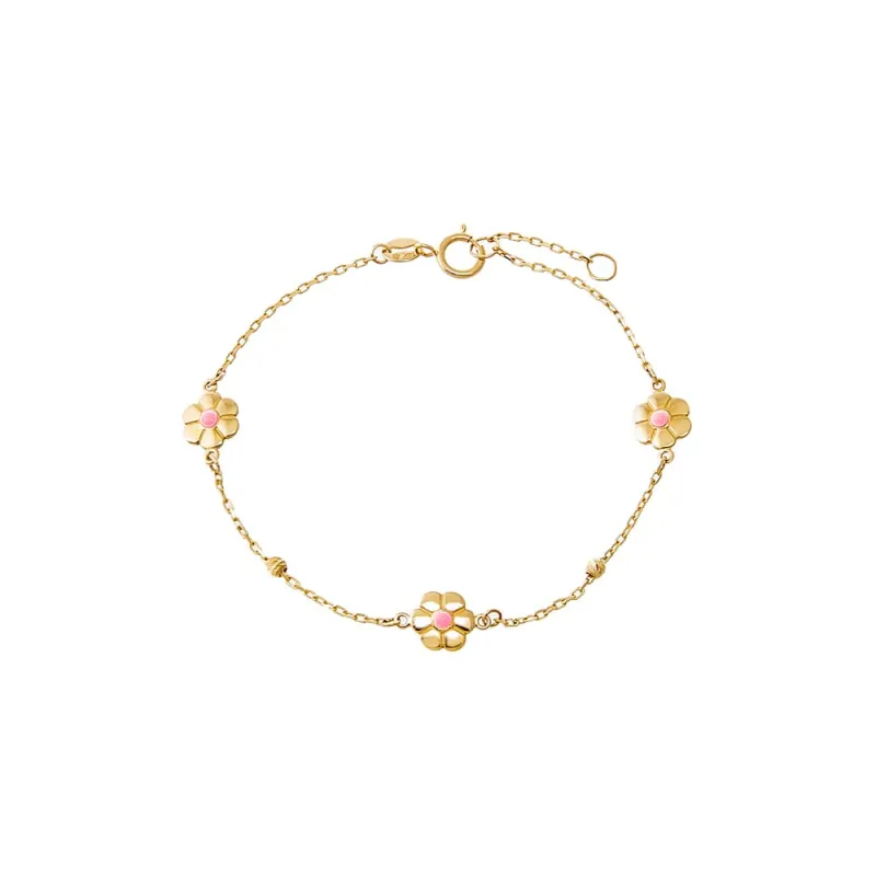 Kids Pink Enamel Triple Flower Bracelet 14K made by Adina Eden's