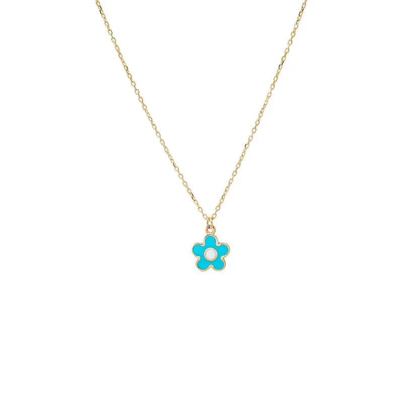 Kids Blue & White Enamel Flower Pendant Necklace 14K sold by Adina Eden's
