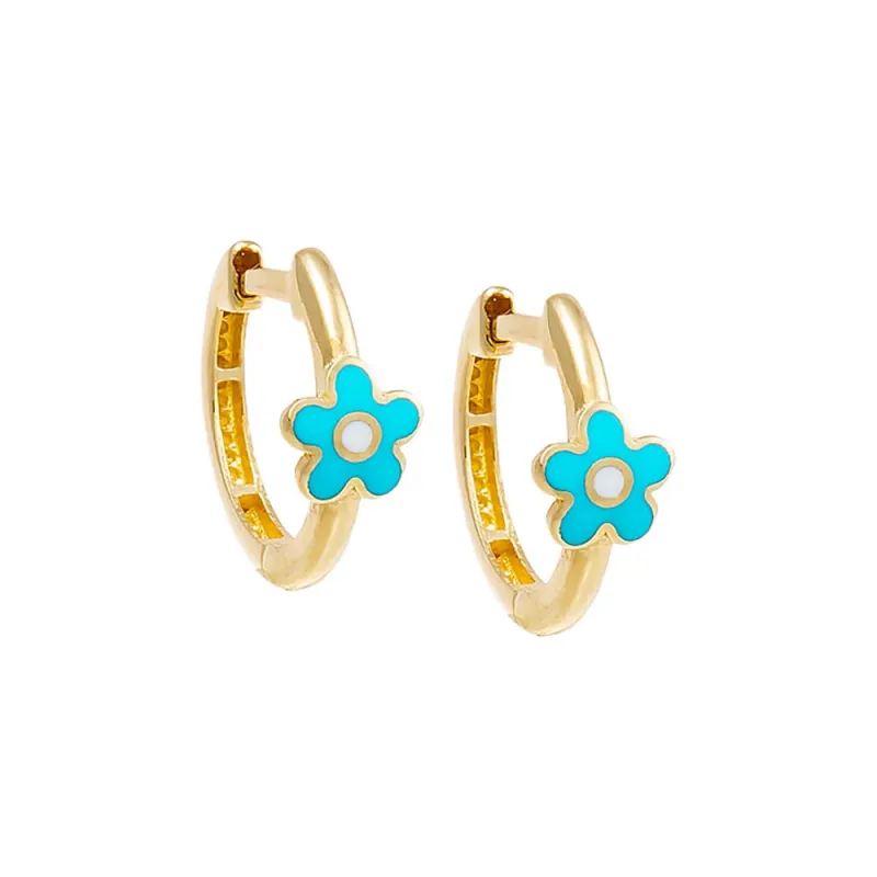 Kids Blue Enamel Flower Huggie Earring 14K sold by Adina Eden's