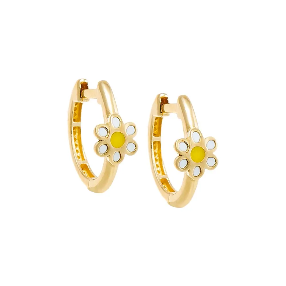Kids White & Yellow Enamel Flower Huggie Earring 14K sold by Adina Eden's