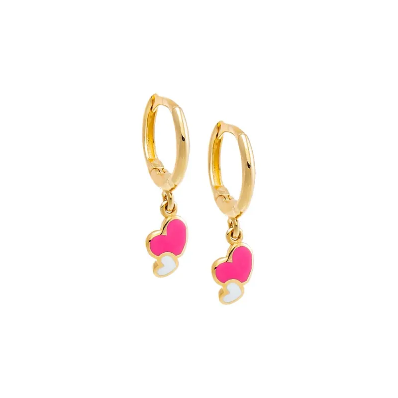 Kids Enamel Double Heart Dangling Huggie Earring 14K sold by Adina Eden's