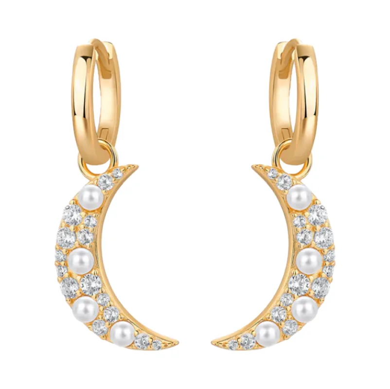 CZ & Pearl Crescent Drop Huggie Earring sold by Adina Eden's