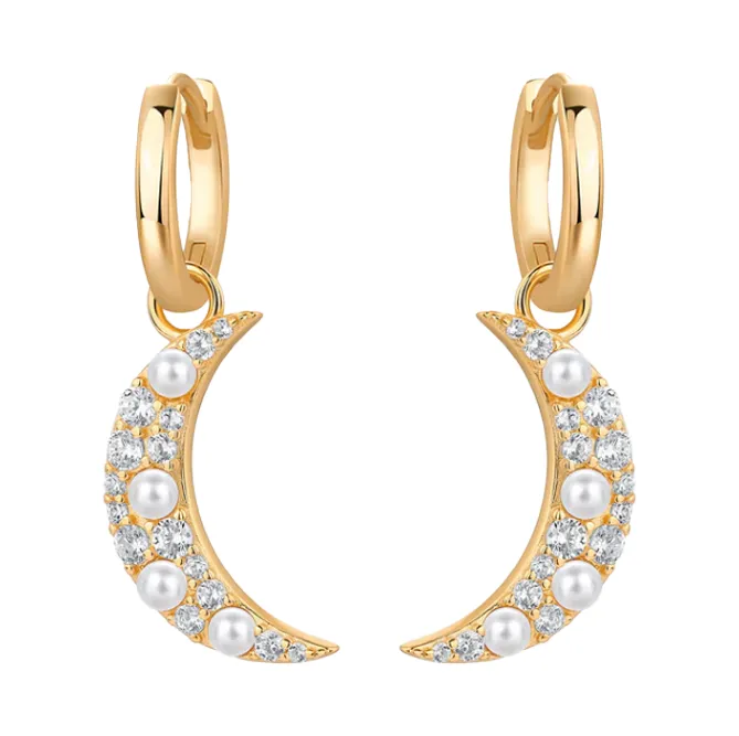 CZ & Pearl Crescent Drop Huggie Earring sold by Adina Eden's