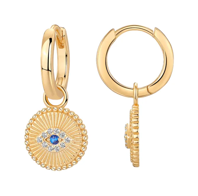 CZ Evil Eye Disc Drop Huggie Earring sold by Adina Eden's