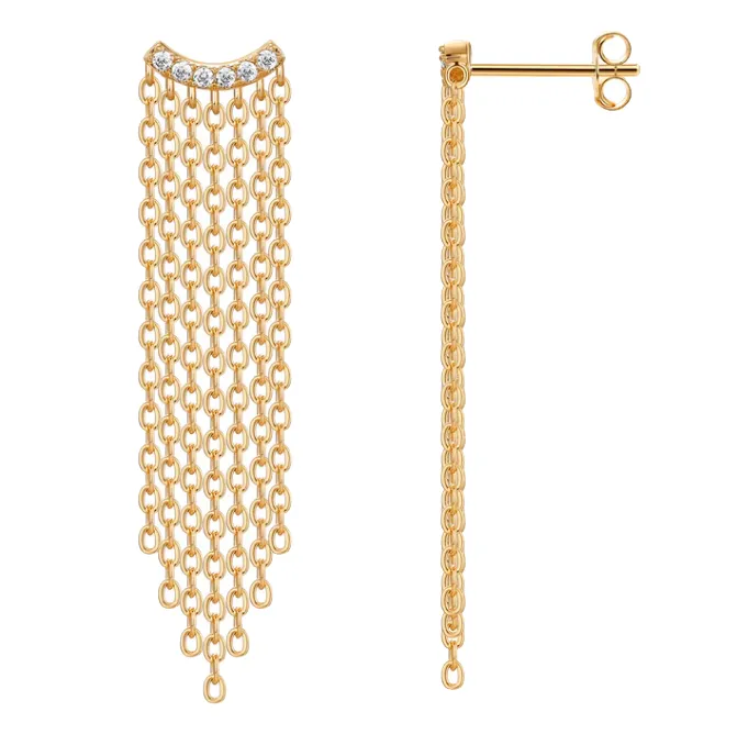 Fancy CZ Curved Bar Fringe Chain Stud Earring sold by Adina Eden's