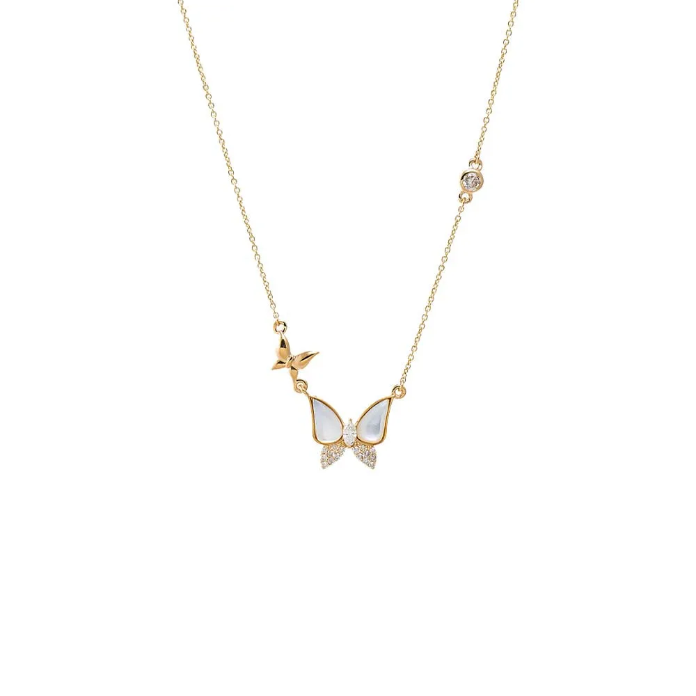 Diamond Pave X Mother Of Pearl Butterfly Pendant Necklace 14K sold by Adina Eden's