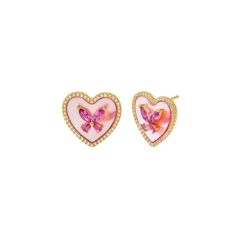 Pink CZ Butterfly Heart Stone Stud Earring sold by Adina Eden's