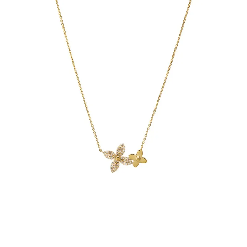 Diamond Pave/Solid Double Flower Necklace 14K sold by Adina Eden's