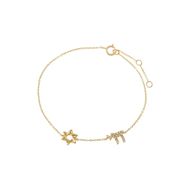 Diamond Pave/Solid Chai & Star Of David Bracelet 14K sold by Adina Eden's