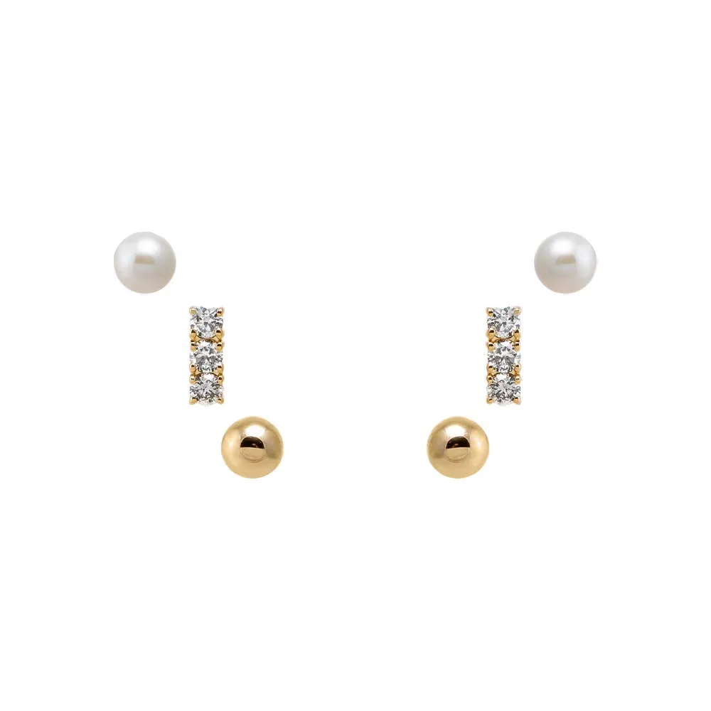 Diamond Bar, Pearls, & Ball Stud Earring Combo Set 14K sold by Adina Eden's