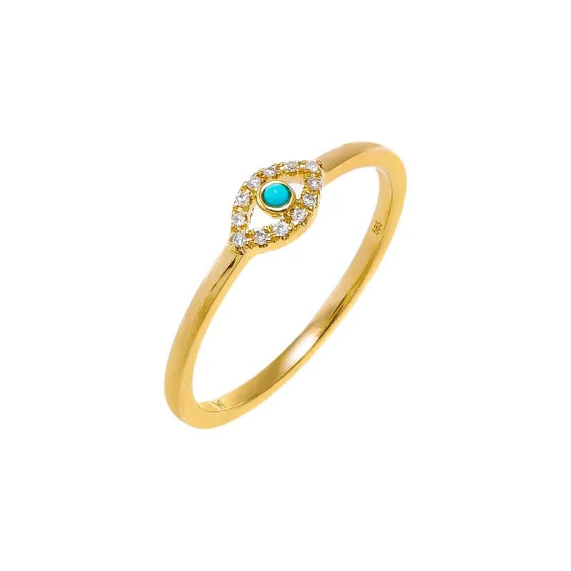 Mini Diamond Pave & Turquoise Evil Eye Ring 14K sold by Adina Eden's