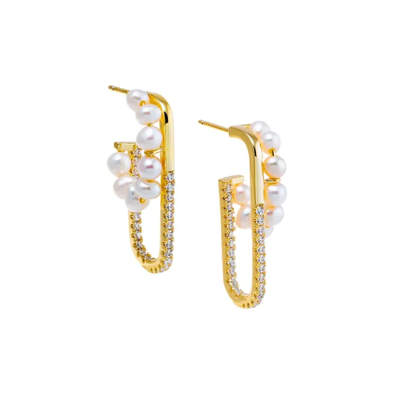 Pave Paperclip & Pearl Open Hoop Earring sold by Adina Eden's