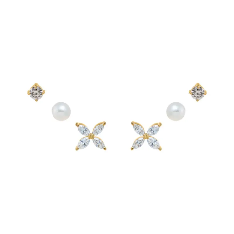 Diamond Flower & Pearls Stud Earring Combo Set 14K sold by Adina Eden's