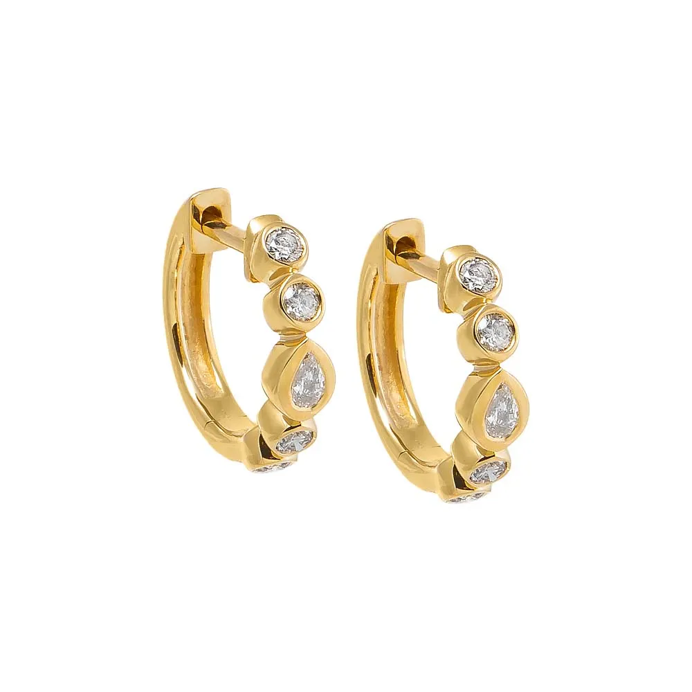 Diamond Bezel Pear & Solitaire Huggie Earring 14K sold by Adina Eden's