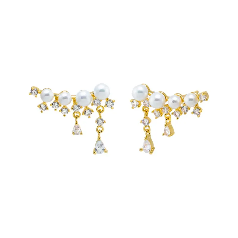 Pearl X CZ Curved Bar Dangling Stud Earring sold by Adina Eden's