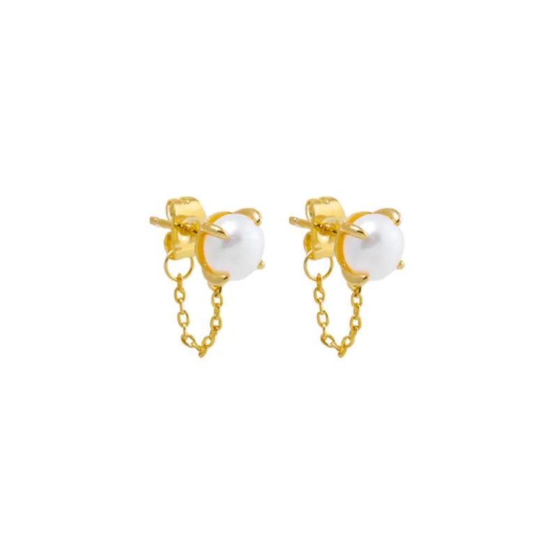 Mini Pearl Drop Chain Front Back Stud Earring sold by Adina Eden's