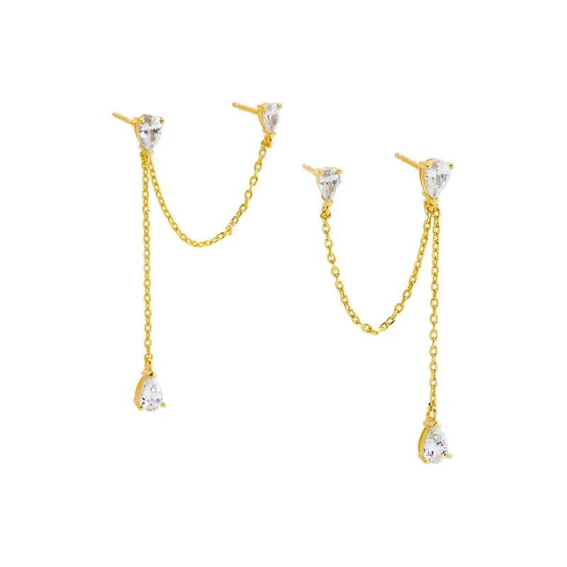 CZ Teardrop Double Chain W/ Drop Stud Earring sold by Adina Eden's