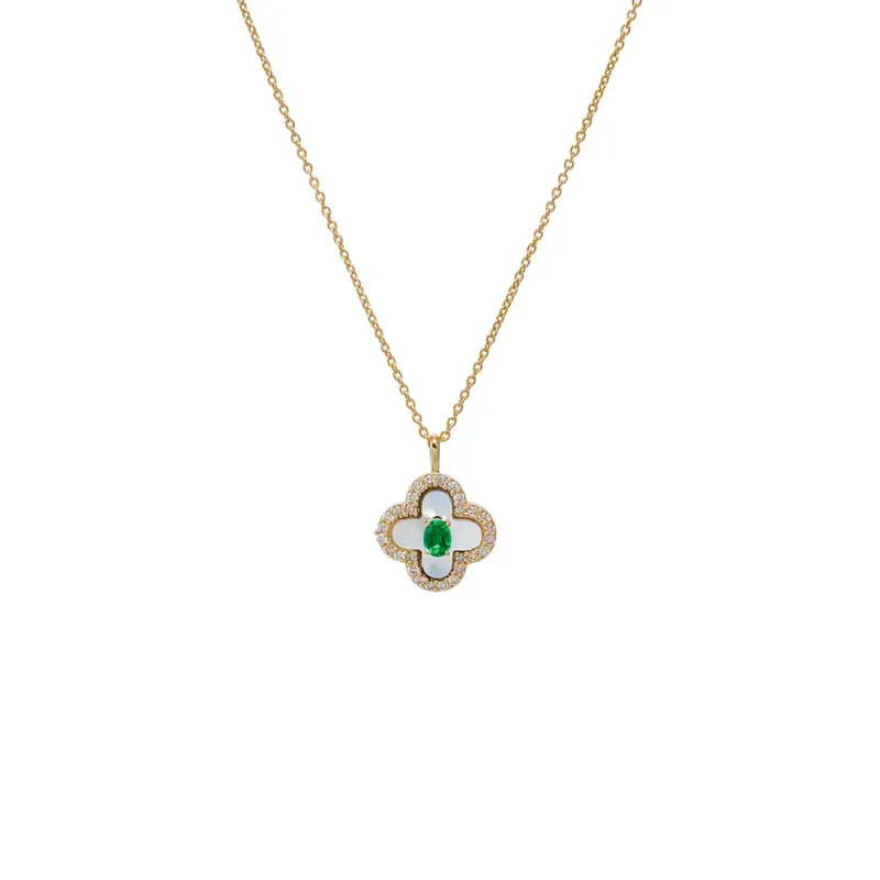 Diamond Pave & Emerald Clover Necklace 14K sold by Adina Eden's