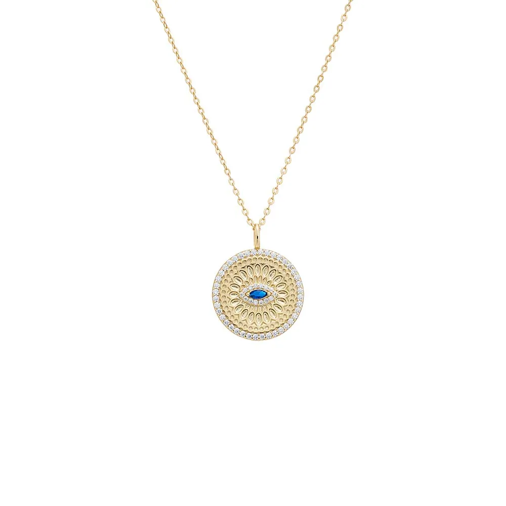 Pavé Sapphire Blue Evil Eye Disc Necklace sold by Adina Eden's