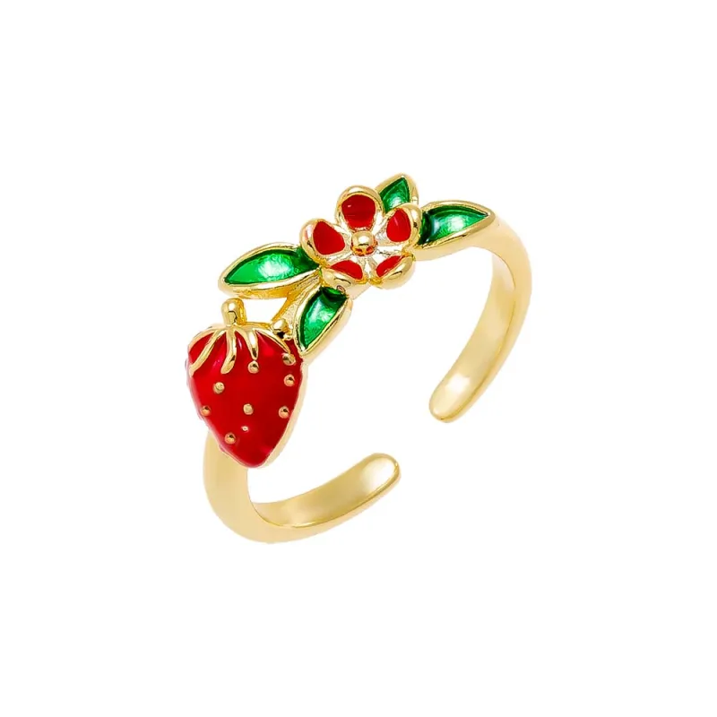 Colored Enamel Strawberry & Flower Adjustable Ring sold by Adina Eden's