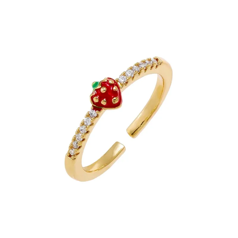 Tiny Pave Strawberry Enamel Adjustable Ring sold by Adina Eden's