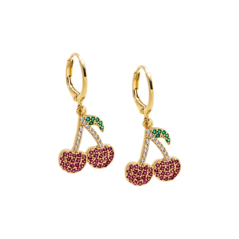 Colored Pave Dangling Cherry Huggie Earring sold by Adina Eden's