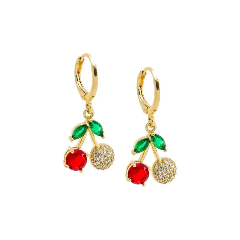 Colored CZ & Pave Dangling Cherry Huggie Earring sold by Adina Eden's