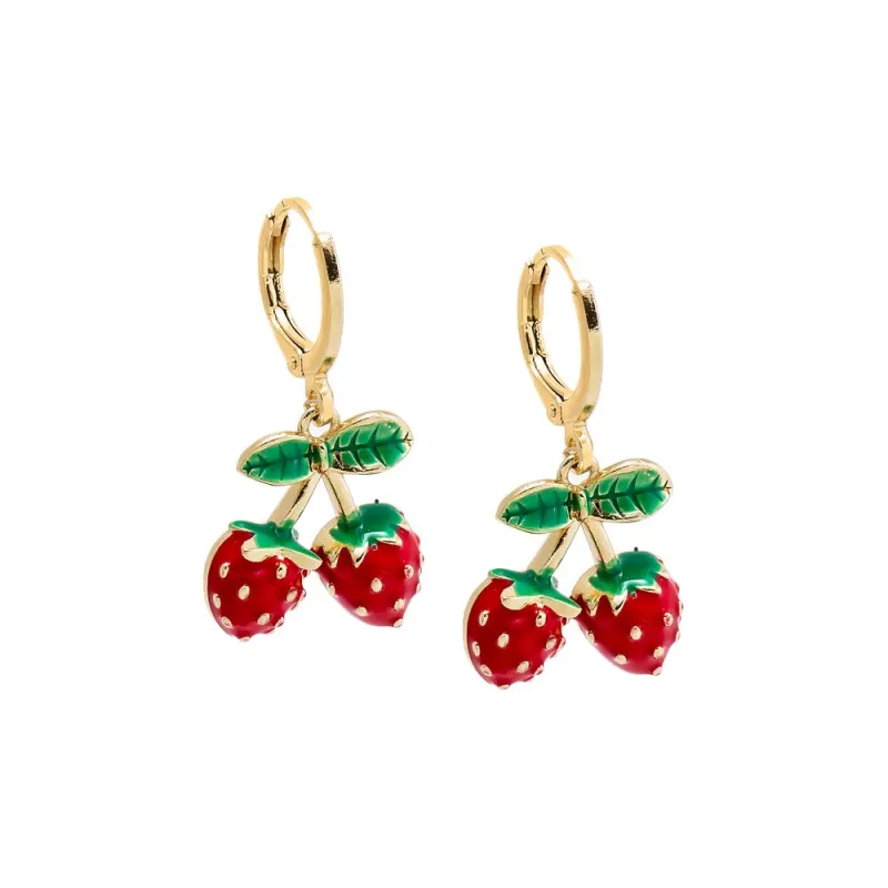 Colored Enamel Dangling Double Strawberry Huggie Earring sold by Adina Eden's