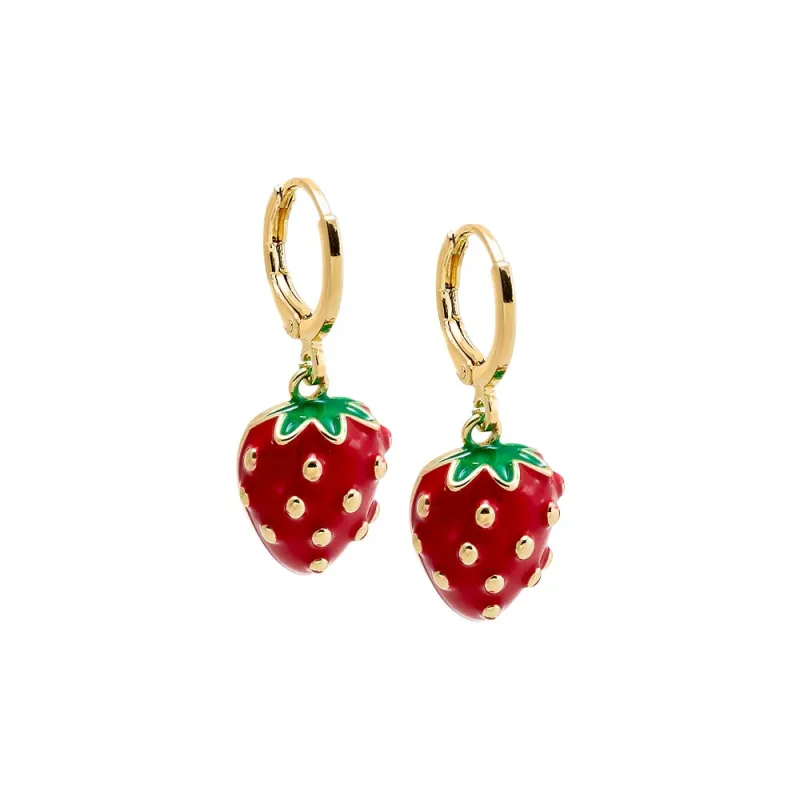 Red & Green Enamel Dangling Strawberry Huggie Earring sold by Adina Eden's