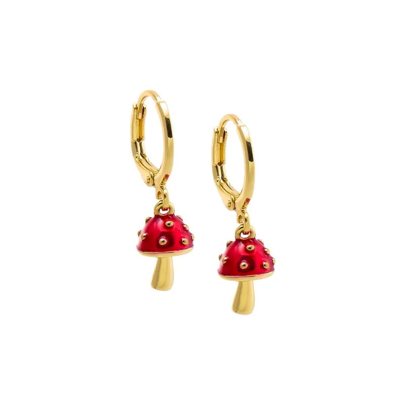 Red Enamel Mushroom Dangling Huggie Earring sold by Adina Eden's