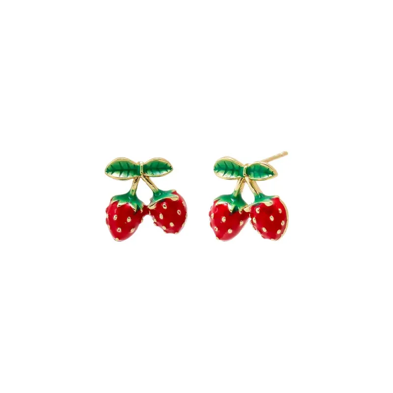Red & Green Enamel Double Strawberry Stud Earring sold by Adina Eden's