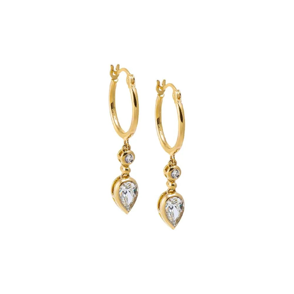 Lab Grown Diamond Solitaire X Pear Bezel Drop Huggie Earring 14K sold by Adina Eden's