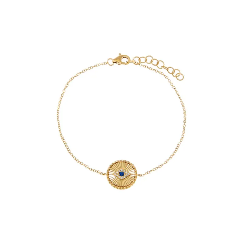 Diamond Pave & Sapphire Blue Evil Eye Ridged Disc Bracelet 14K sold by Adina Eden's