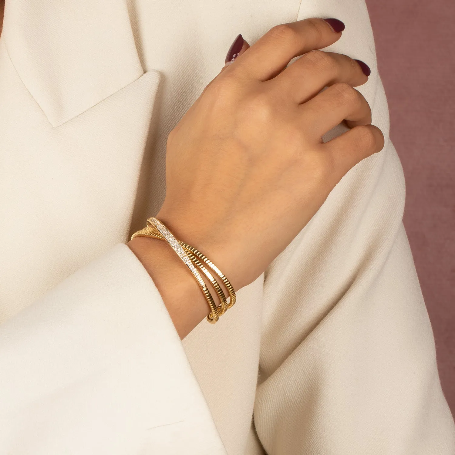 Pave Bar Accented Triple Overlap Open Bangle Bracelet sold by Adina Eden's product image thumbnail 2