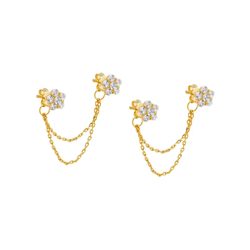 CZ Double Flower Chain Stud Earring sold by Adina Eden's