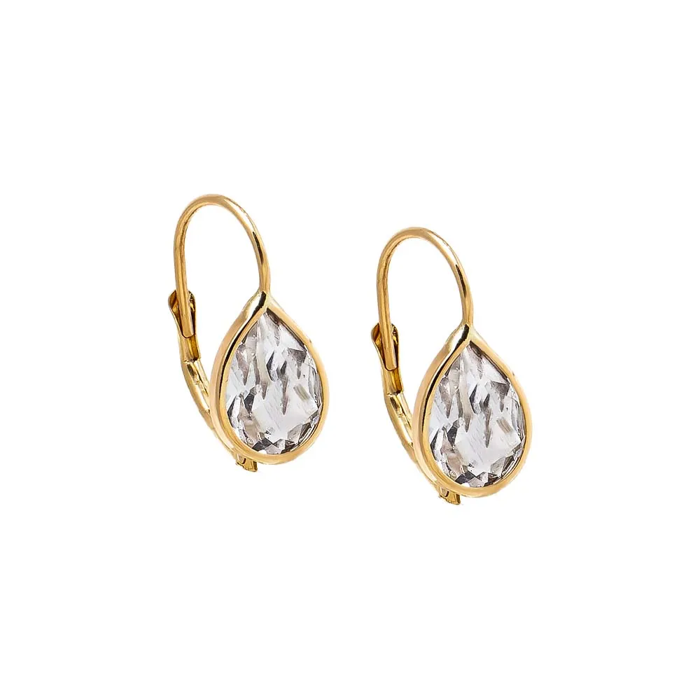 White Topaz Pear Bezel Fish Hook Huggie Earring 14K sold by Adina Eden's