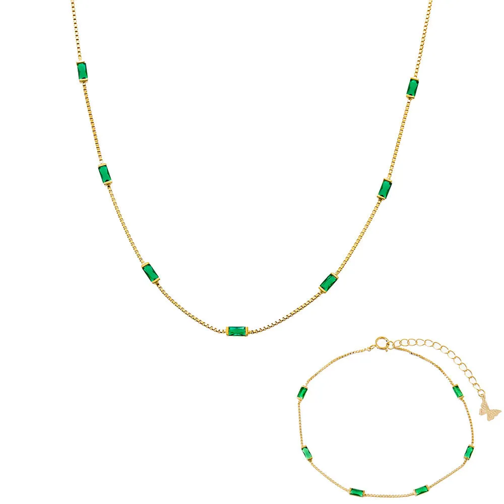 Emerald Green Multi CZ Baguette Bracelet & Necklace Combo Set sold by Adina Eden's