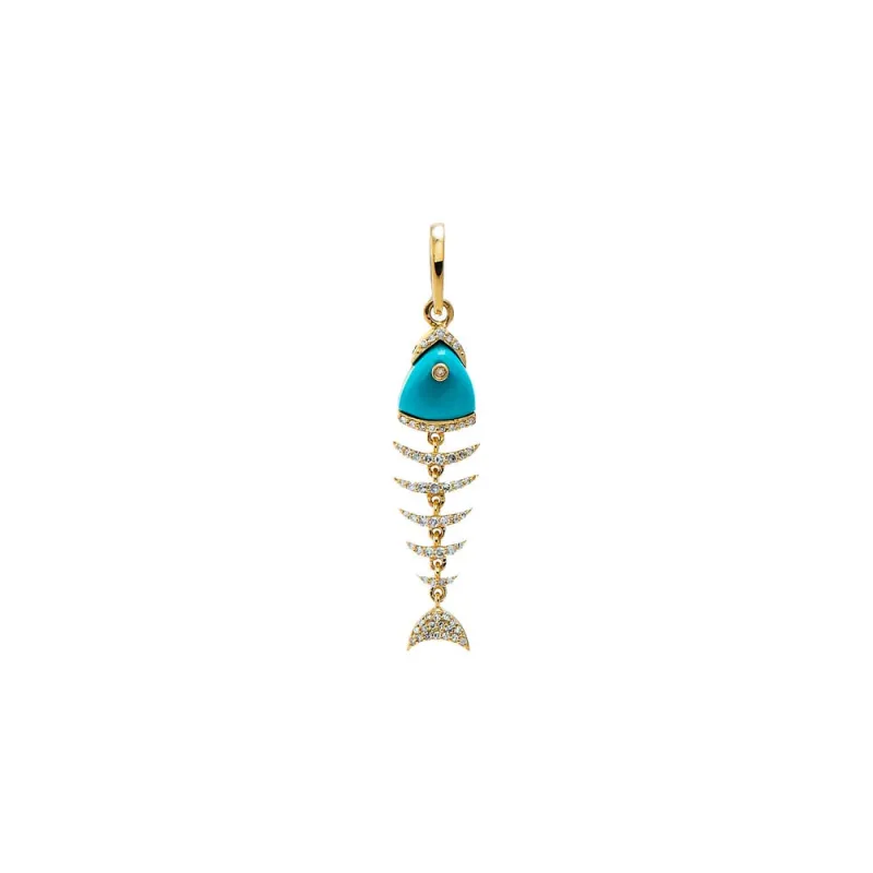 Turquoise Diamond Fish Bone Drop Pendant 14K sold by Adina Eden's