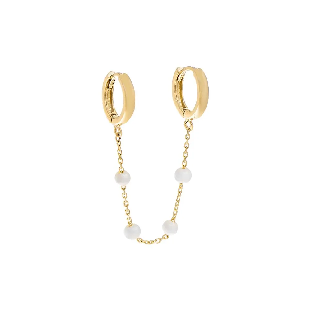 Embedded Pearl Double Chain Huggie Earring 14K sold by Adina Eden's