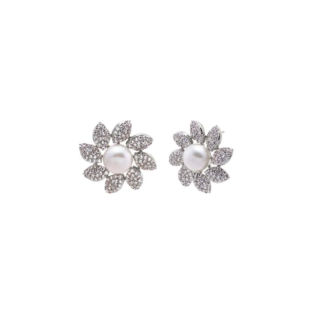 Silver Floral Pearl Stud Earring sold by Adina Eden's