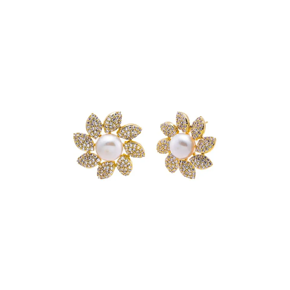 Gold Floral Pearl Stud Earring sold by Adina Eden's