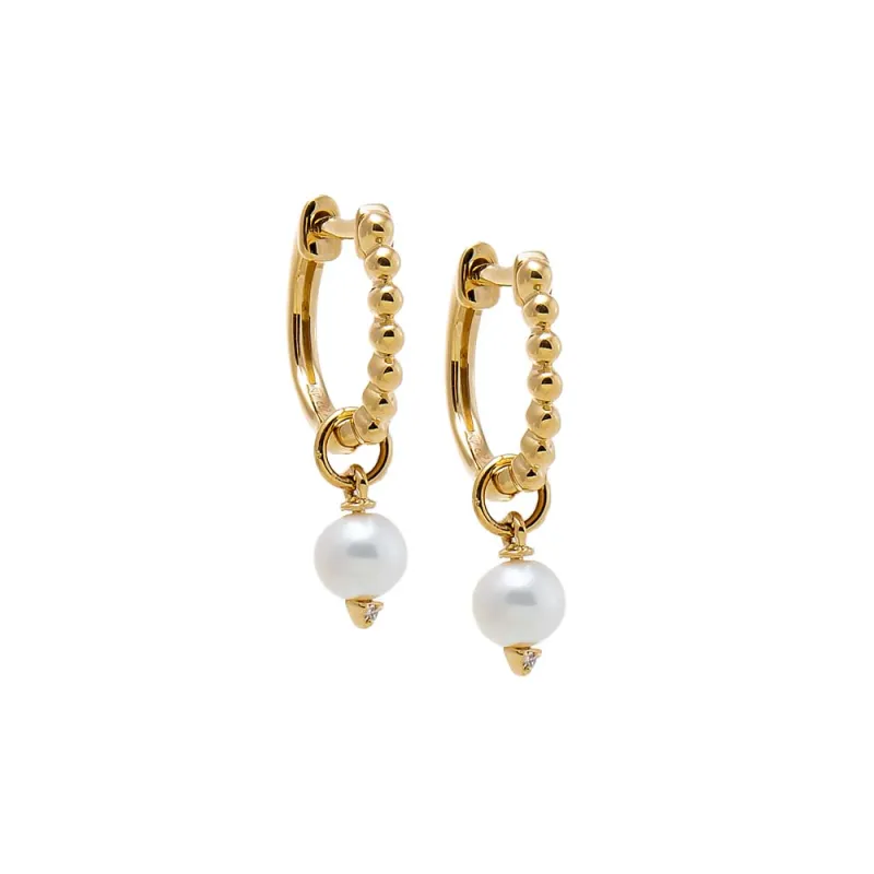 Diamond Beaded Pearl Drop Huggie Earring 14K sold by Adina Eden's