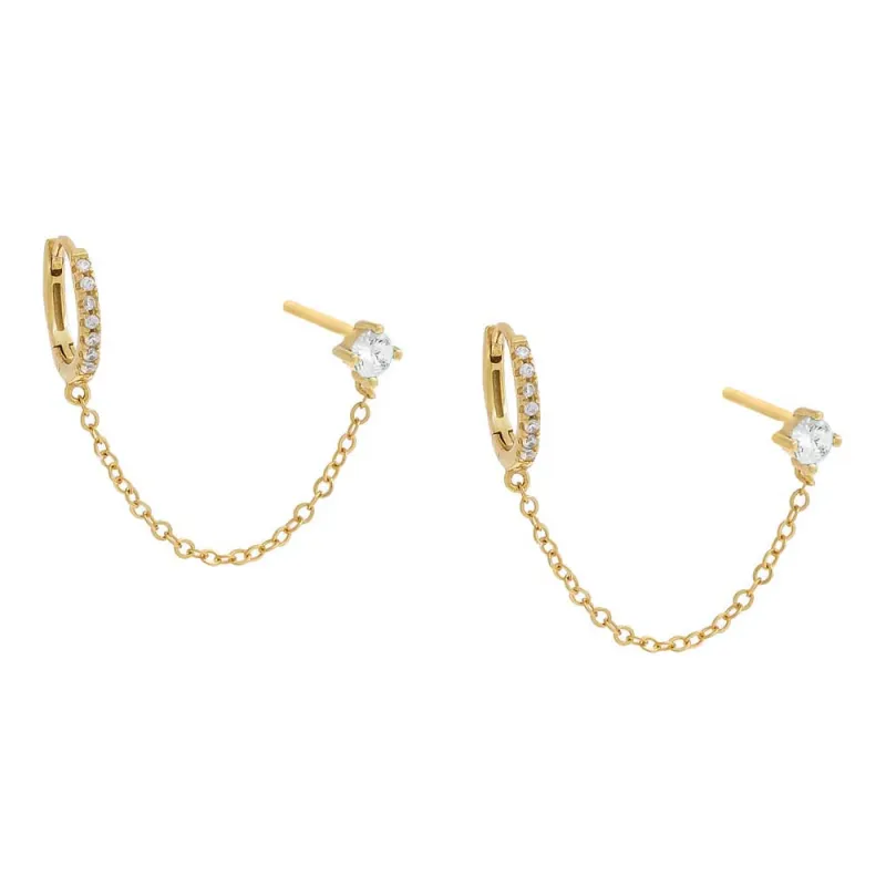 CZ Solitarie Stud X Huggie Chain Earring sold by Adina Eden's