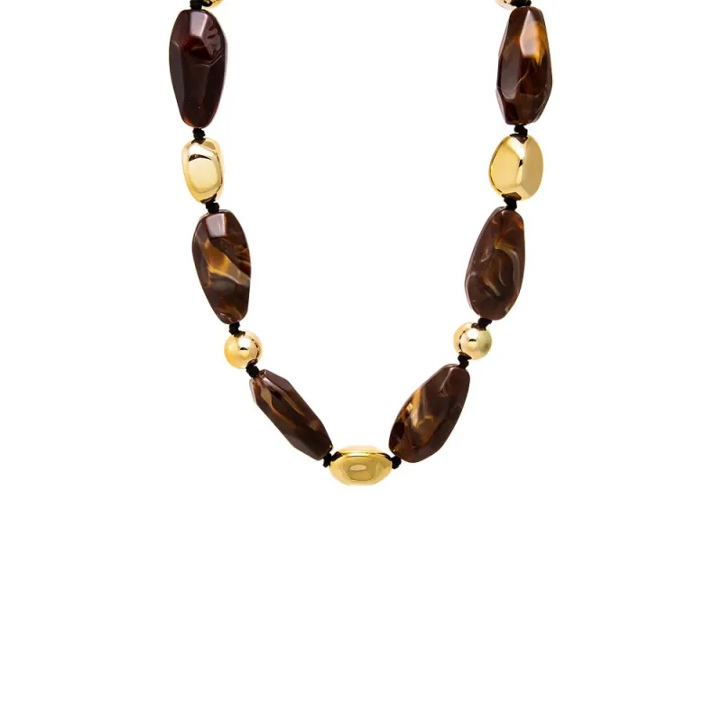 Brown Marbled Beaded Necklace with Gold sold by Adina Eden's