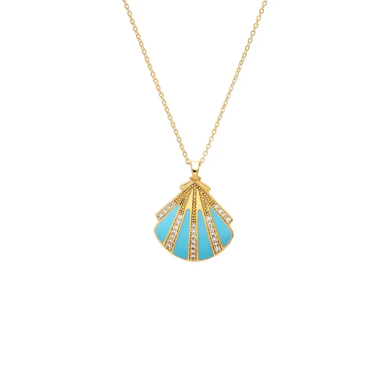 Turquoise Enamel & CZ Seashell Pendant Necklace sold by Adina Eden's